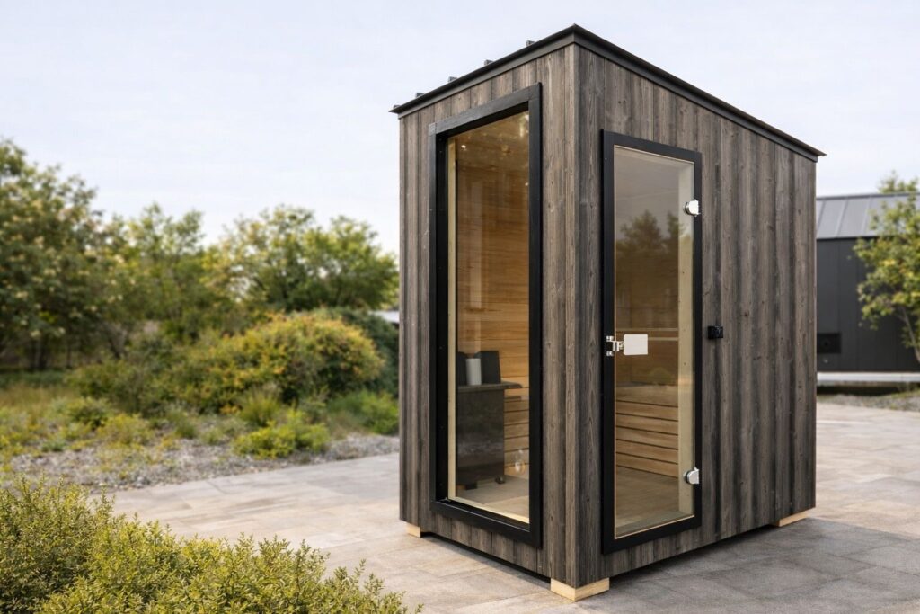 Die Gartensauna „Pure“ von Tiny House Design im natürlichen Licht