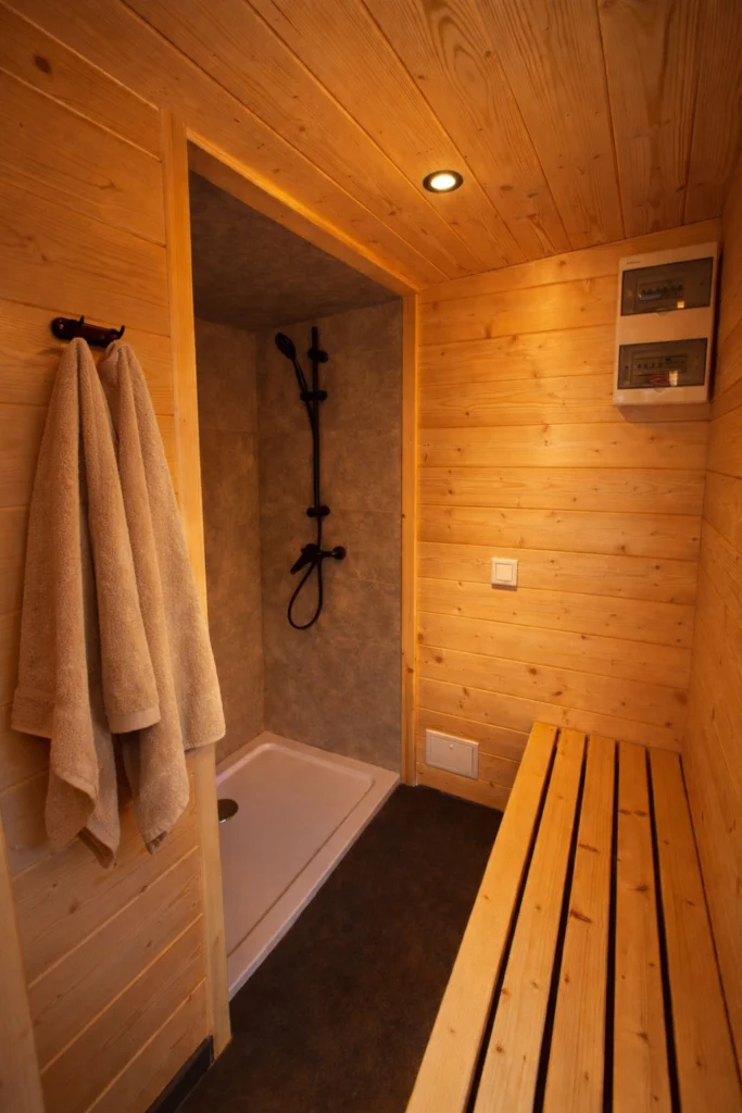 Dusche in der Gartensauna „Prestige“ von Tiny House Design