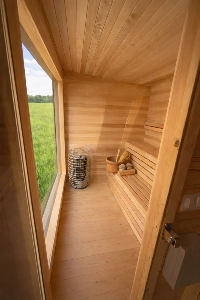 Holzvertäfelung und Lindenholz-Bänke in der Gartensauna Prestige