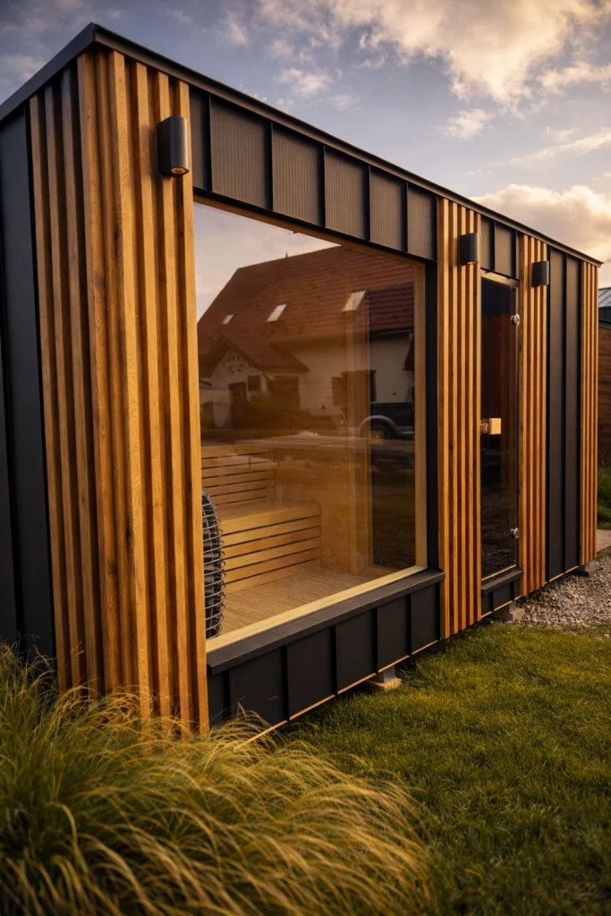 Große Verglasungen aus gehärtetem Glas in der Gartensauna Prestige von Tiny House Design