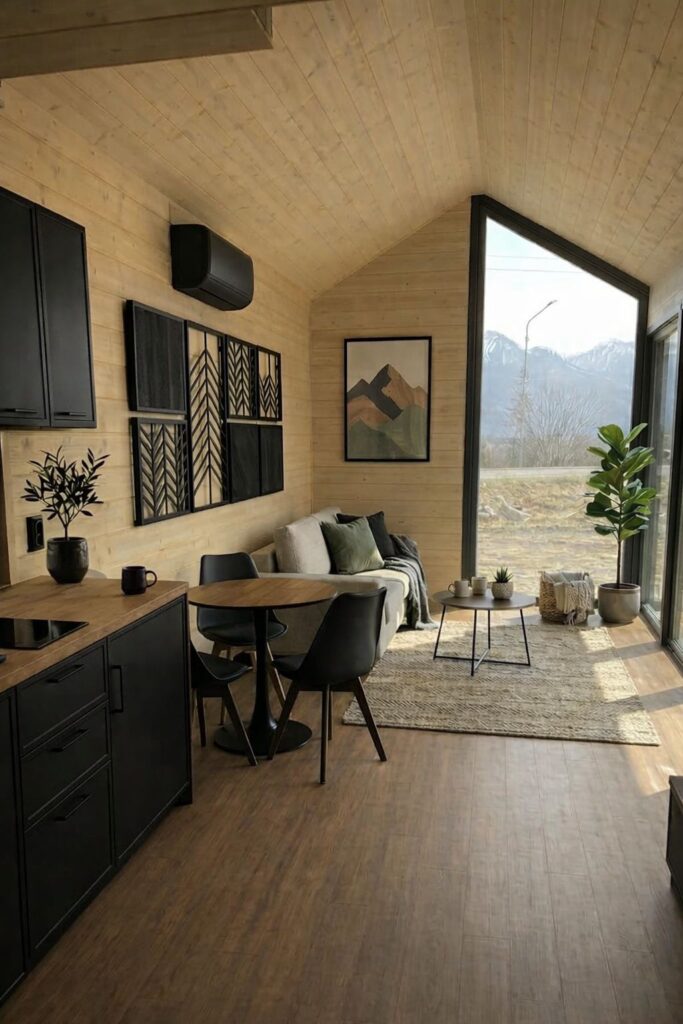 Der gemütliche Wohnbereich des mobile haus „Mia“ von Tiny House Design