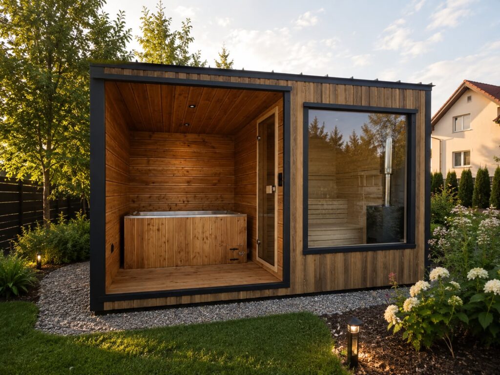 Gartensauna „Sky“ mit Vorraum und Gartenbadewanne