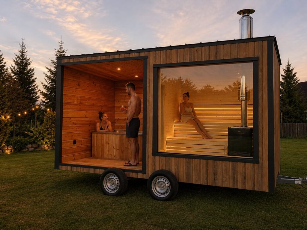 Menschen, die sich in der Gartensauna „Sky“ von Tiny House Design entspannen
