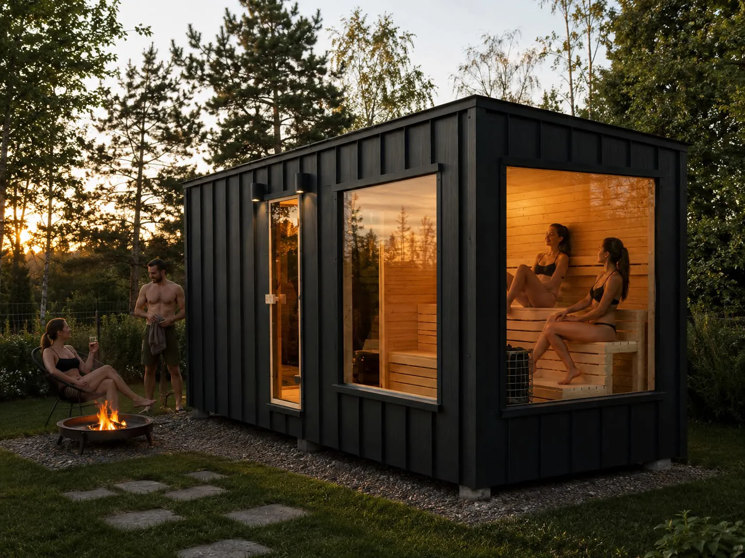 Menschen, die sich in der Gartensauna „Comfort“ entspannen