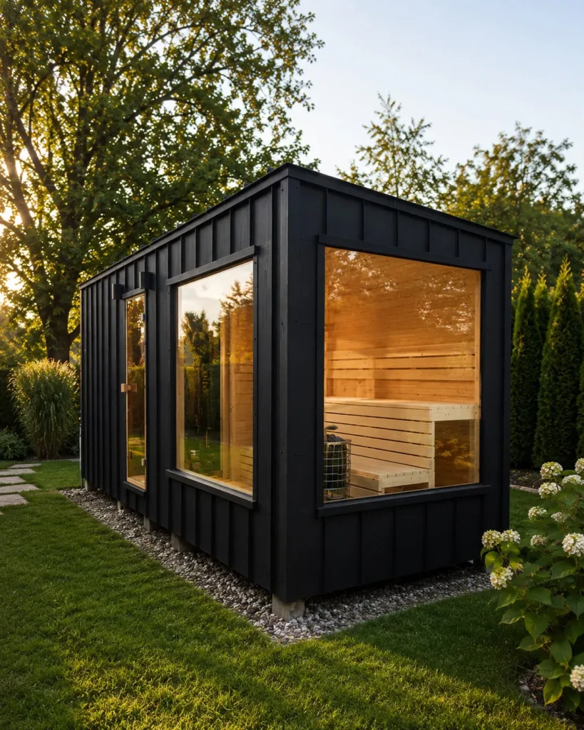 Gartensauna „Comfort“ mit großen verglasten Wänden