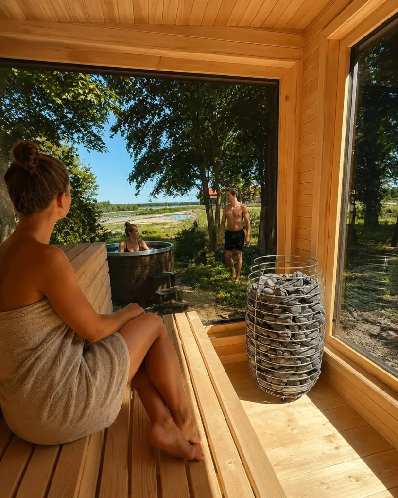 Eine Frau sitzt in der Gartensauna „Comfort“