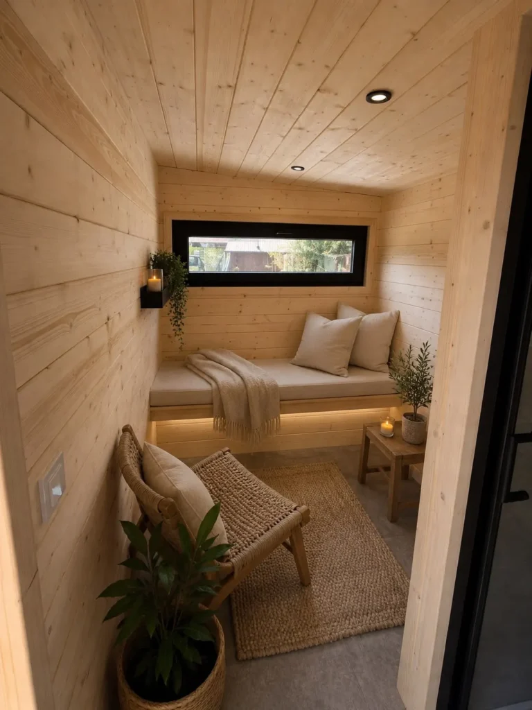 Ein gemütlicher Ort zum Entspannen in der Gartensauna „Comfort“