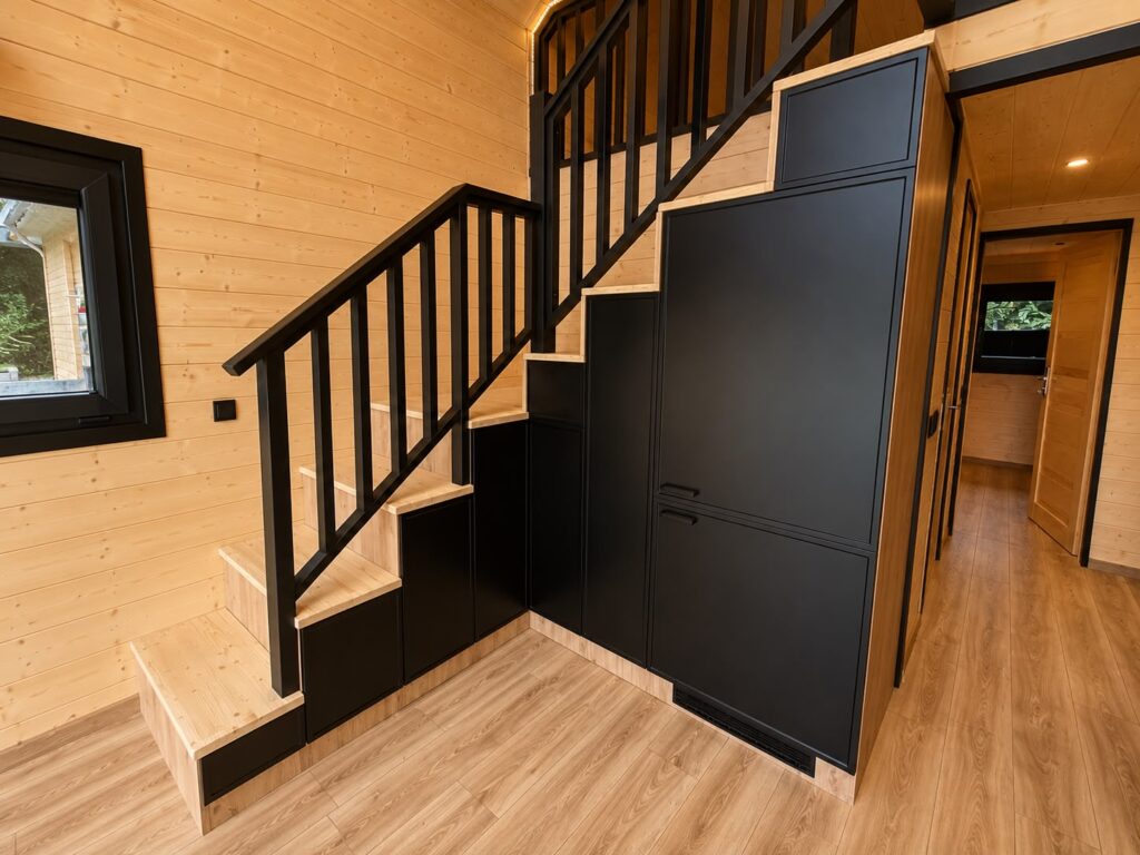 Treppe zum Zwischengeschoss mit Schränken mit schwarzen Fronten im Modulhaus Modular 2