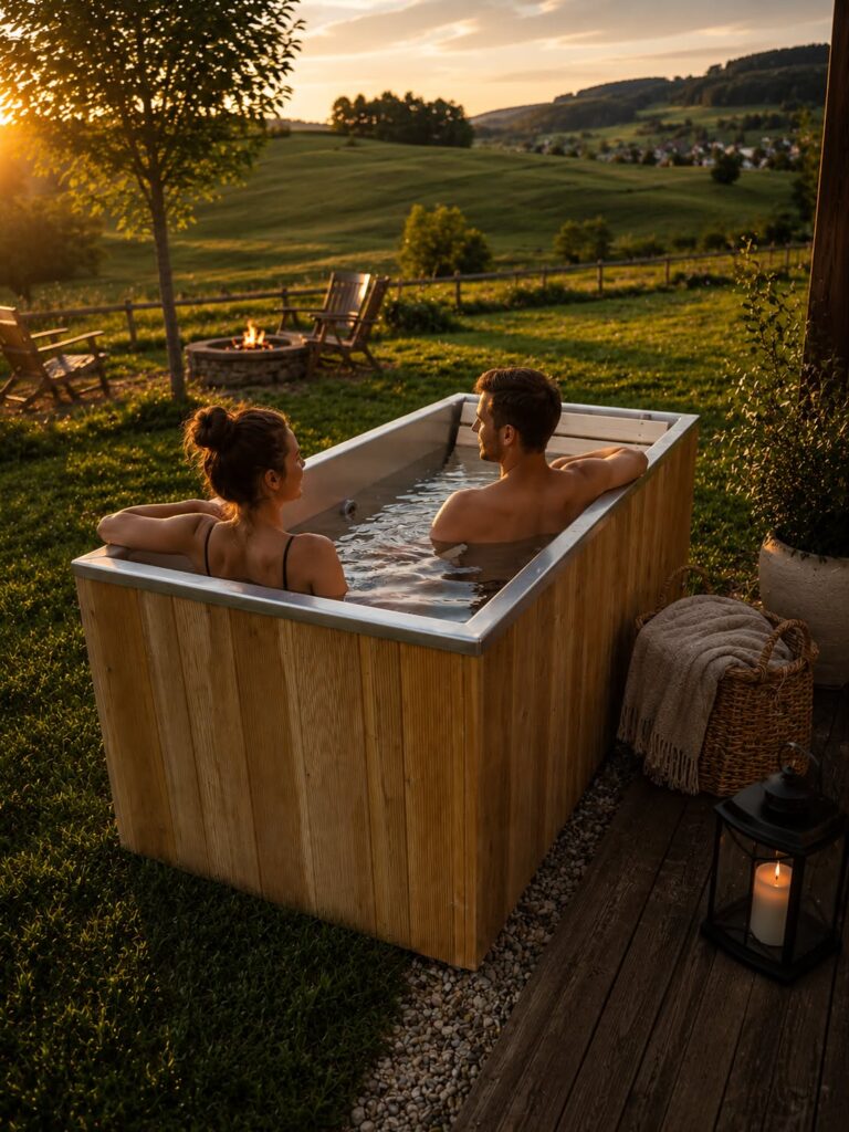 Ein Paar, das in einer Gartenbadewanne badet