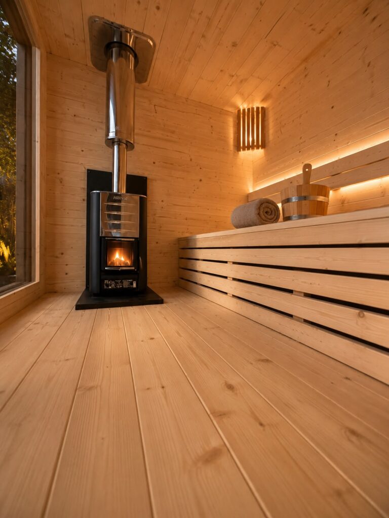Holzboden in der finnischen Sauna „Falcon“ von Tiny House Design