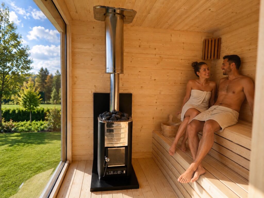 Eine Frau und ein Mann, die sich in der Cozy-Gartensauna aufwärmen