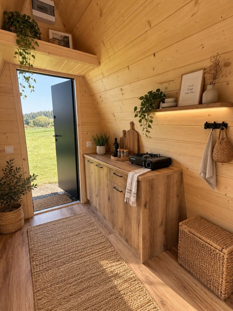 Der Innenraum und der Eingang zum Ferienhaus „Mini Brda“