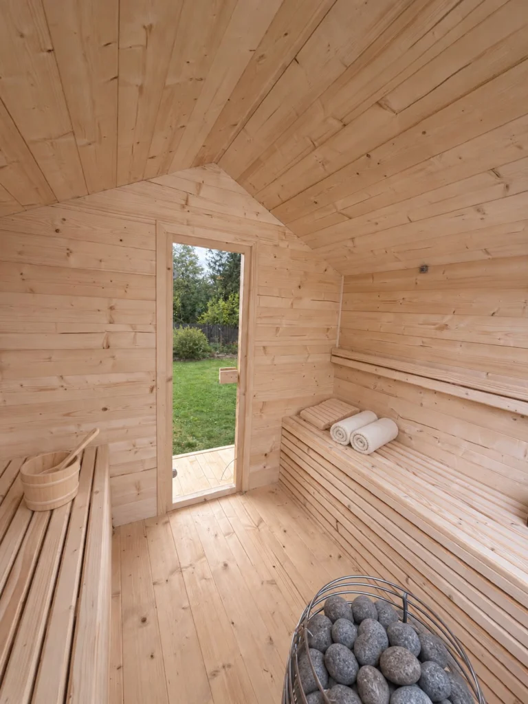 Innenausstattung aus Fichtenholz in der Gartensauna „Wild“