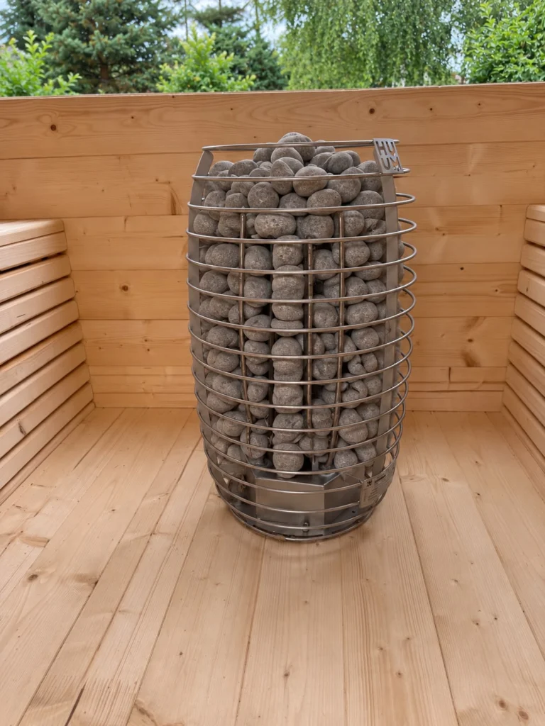 Huum-Elektroofen mit vielen Steinen in der Wild-Gartensauna