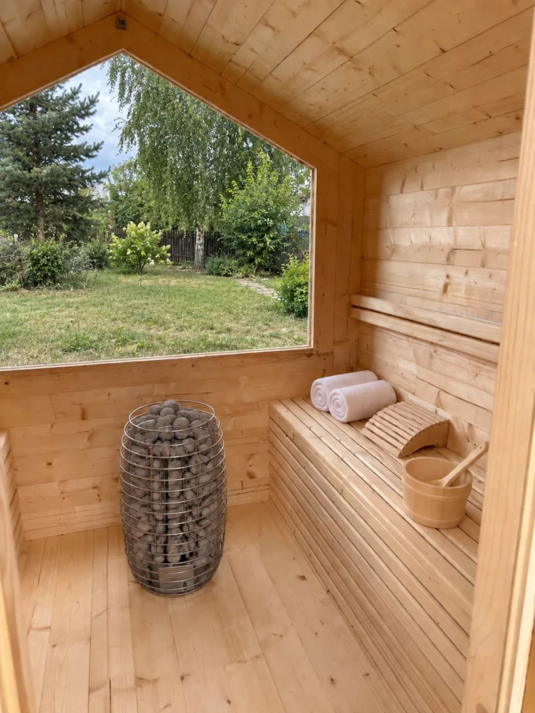 Der Innenraum der Wild-Gartensauna ist mit Fichtenholz verkleidet