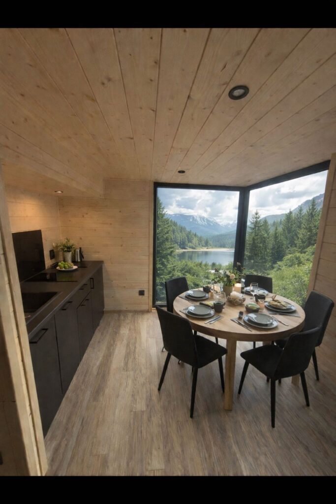 Küchenzeile und Tisch mit Stühlen im Mobilheim „Oleńka“ in der Variante B von Tiny House Design