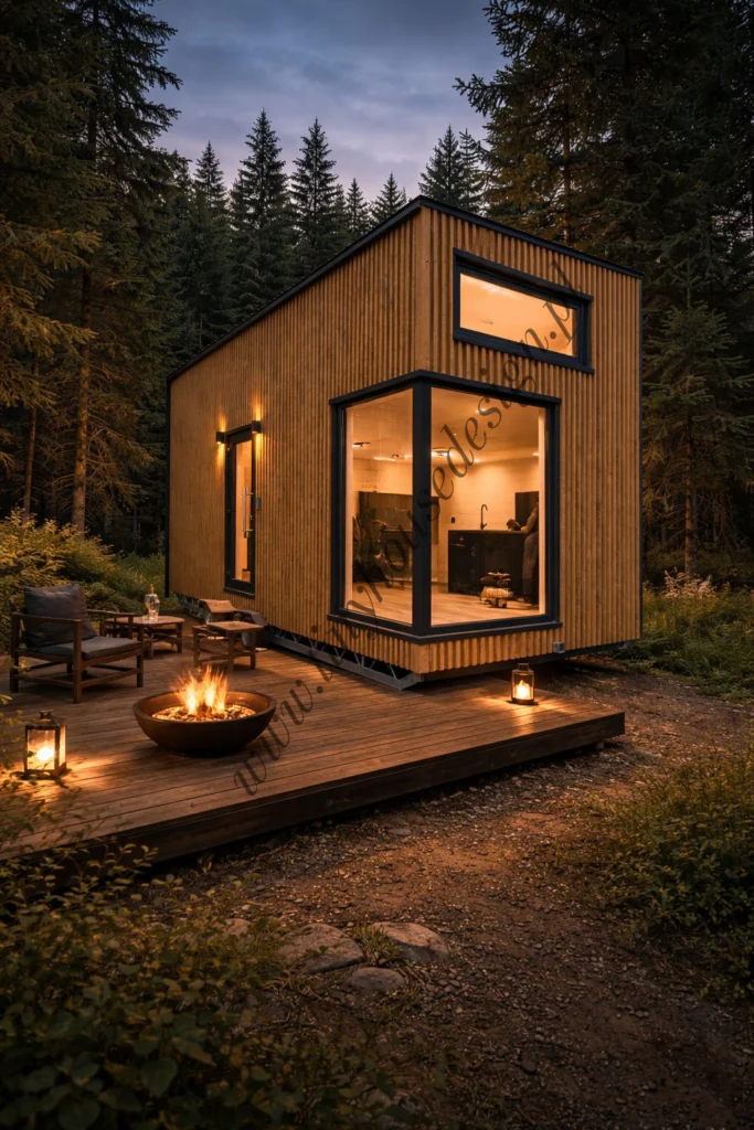 Das nachts wunderschön beleuchtete Mobiles Haus „Oleńka“, Variante B, von Tina House Design