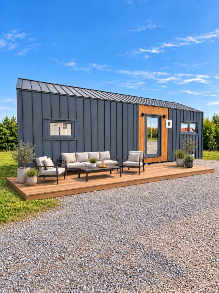 Das Mobiles haus Filip 40 m² und ein Beispiel für die Gestaltung der Terrasse