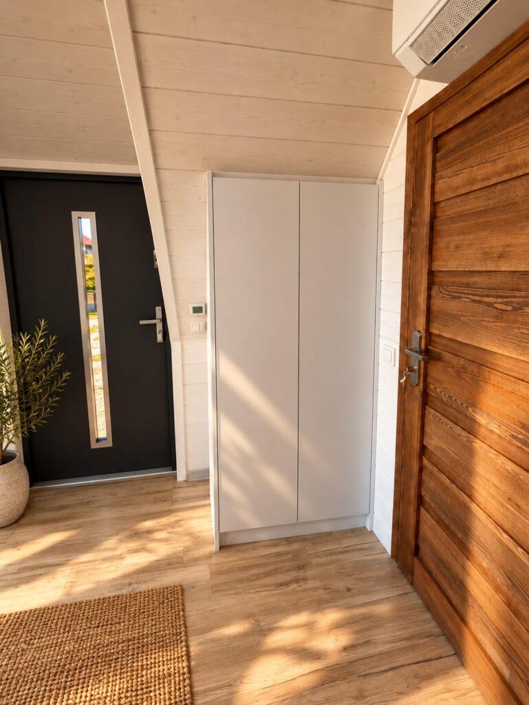 Der Innenraum des Midi Brdy. Gegenüber der Eingangstür befinden sich auf der rechten Seite ein Schrank und die Tür zum Badezimmer