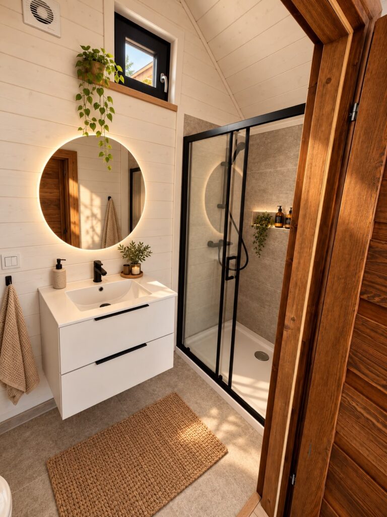 Badezimmer – große Dusche, Waschbecken mit Unterschrank und beleuchteter Spiegel.