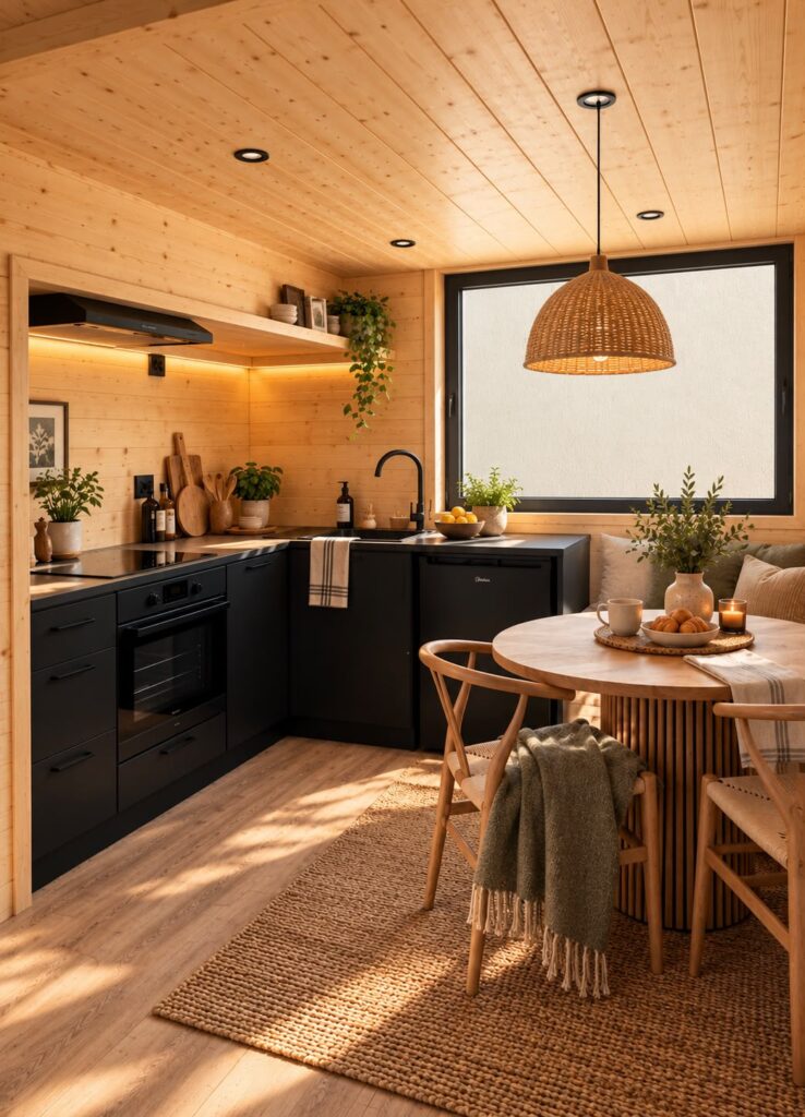 Wunderschön eingerichtetes Interieur des Mobiles Haus Oleńka, Variante B. Links die Küchenzeile, rechts ein Tisch mit Stühlen