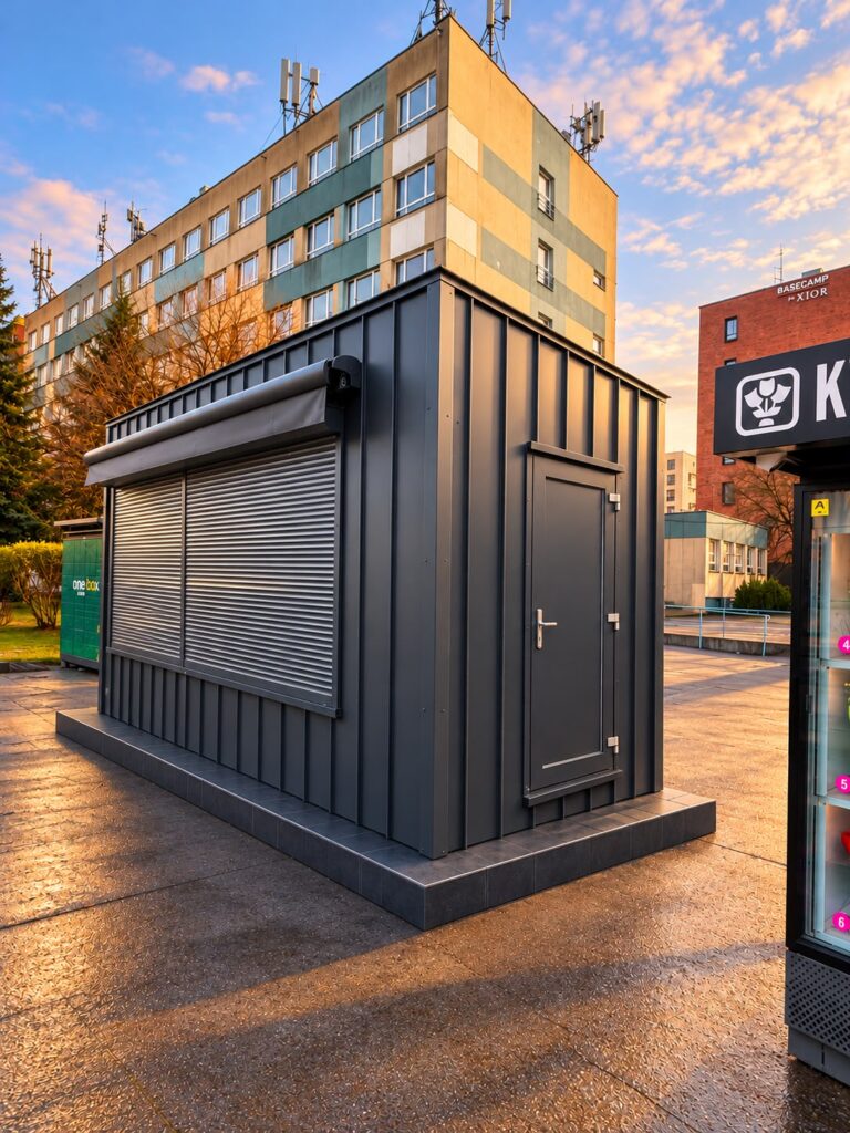 Dienstleistungscontainer mit einer Fassade aus anthrazitfarbenem Falzblech